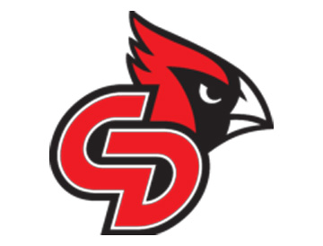 A stylized red and black cardinal head facing right, with bold red intertwined letters "C" and "D" outlined in white and black below the head.