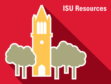 Illustration of a yellow clock tower surrounded by trees on a red background with the text "ISU Resources" in the top right corner.
