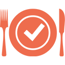 An orange icon of a plate with a checkmark in the center, flanked by a fork on the left and a knife on the right, symbolizing approved or safe food.
